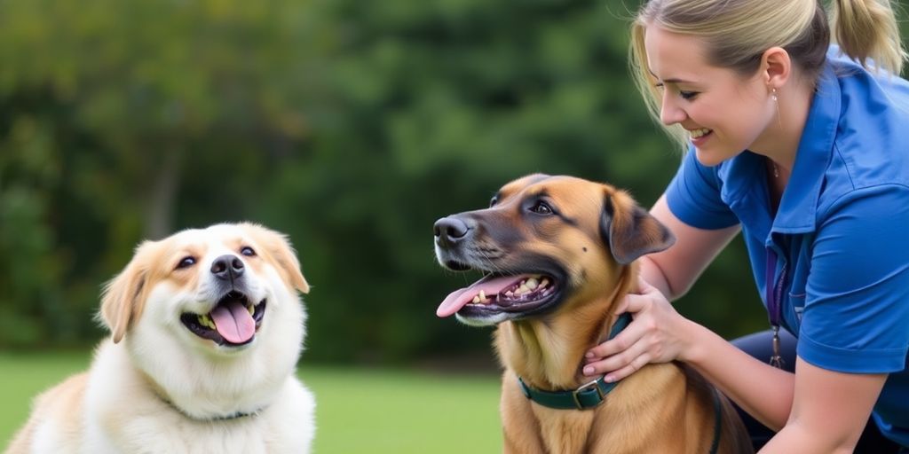 Happy dog sitting attentively next to a trainer.