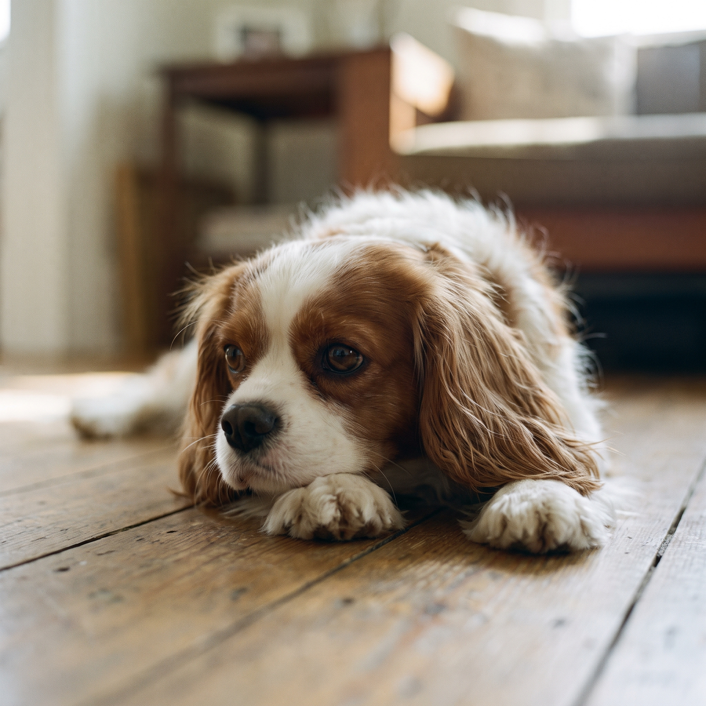 Best puppy breeds for families: a small companion dog settled on the floor of a Sydney terrace house