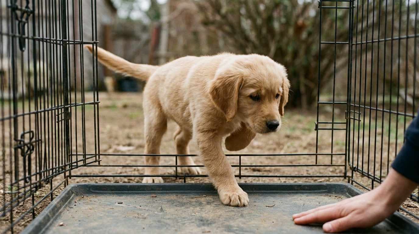 Golden Retriever puppy performing voluntary crate entry at the moment it clicks, body language open and willing, Sydney park background