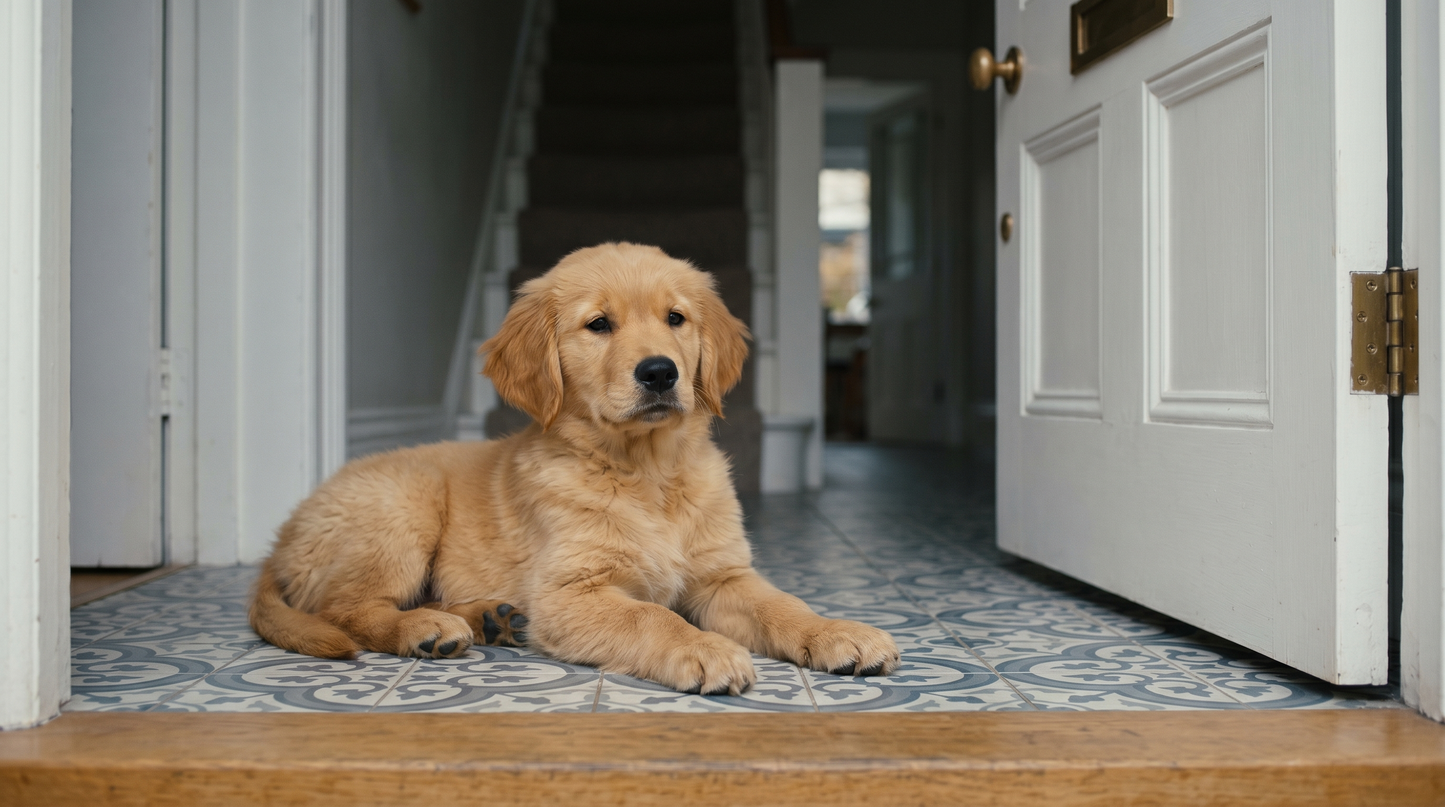 Golden Retriever puppy settled calmly near a closed front door, showing independence and calm