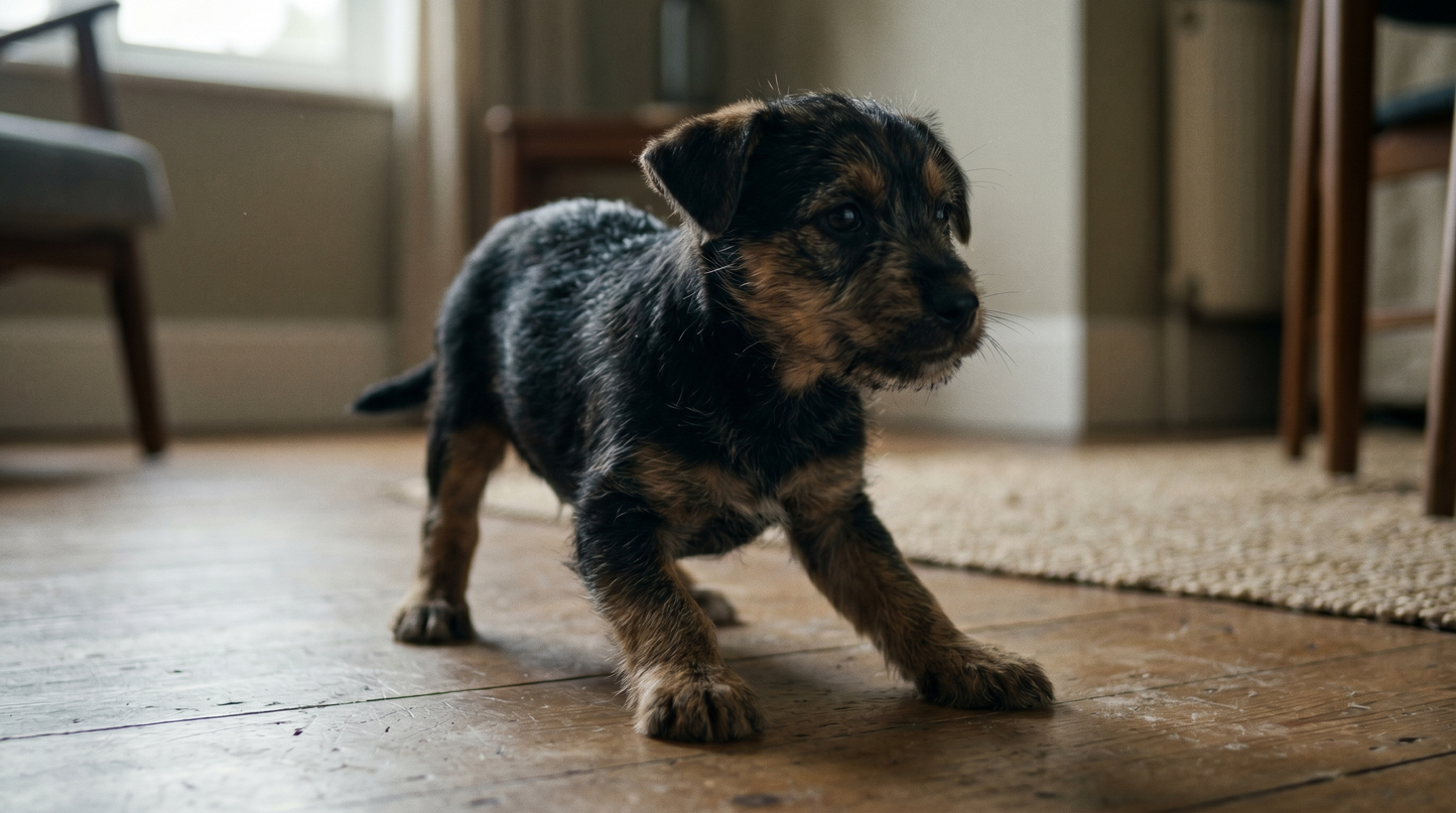 Puppy at alert in domestic interior, ears pricked, looking attentively past the camera