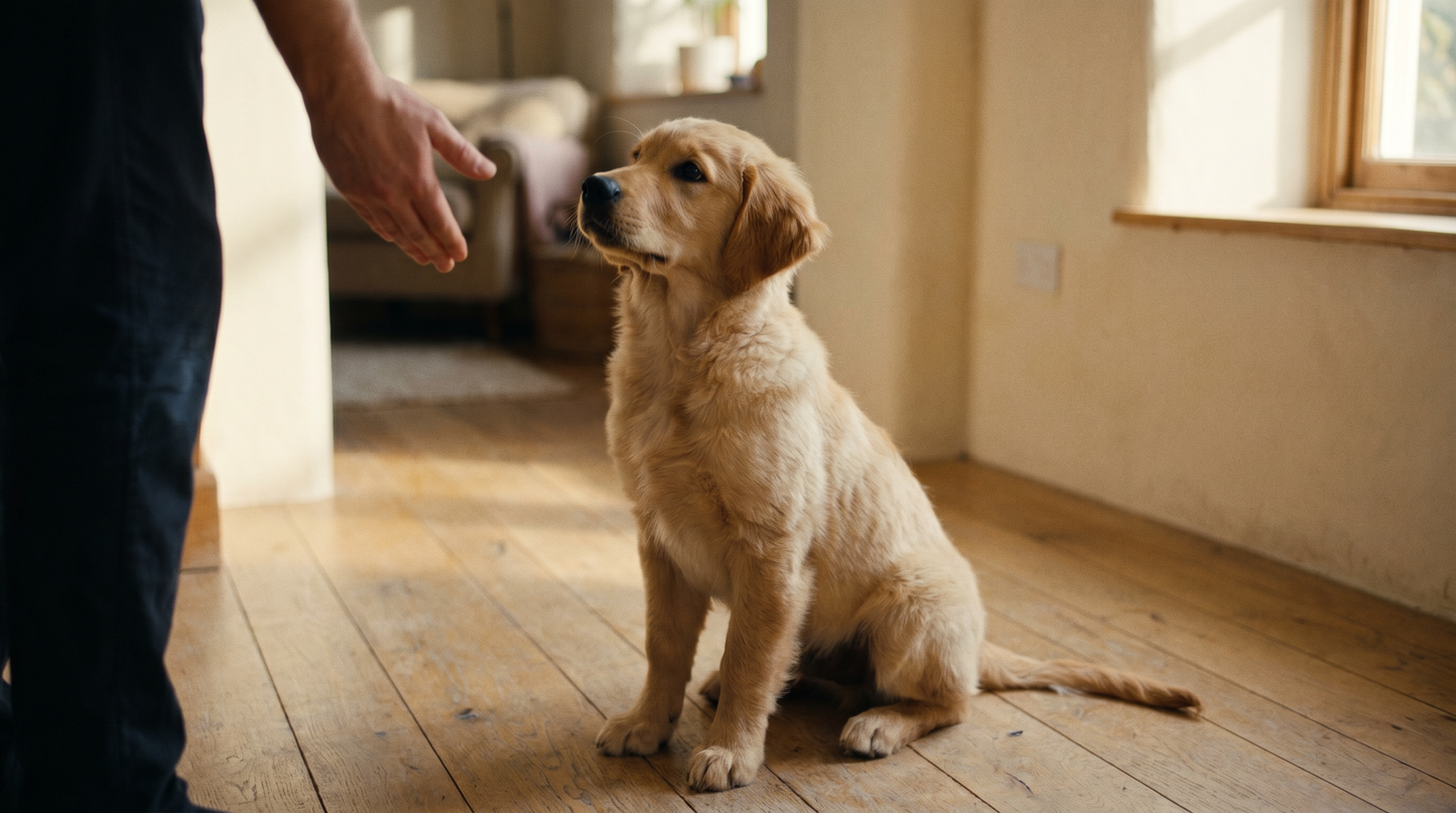 Golden Retriever puppy sitting calmly on white oak floors, looking up at an extended hand in a structured greeting