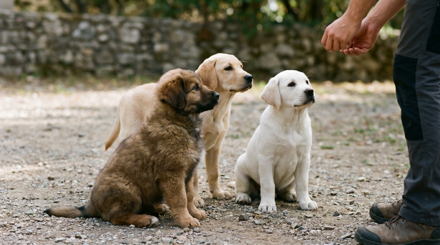 Small group of puppies sitting calmly in a structured puppy training class in Sydney