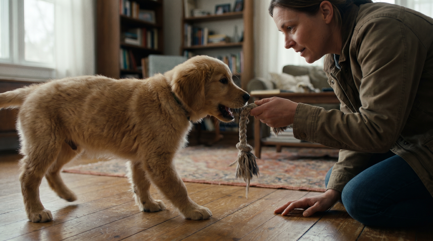 Dog trainer calmly redirecting a puppy that is biting and mouthing