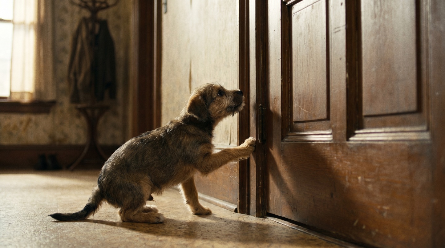 Anxious puppy standing at a closed door showing signs of separation anxiety
