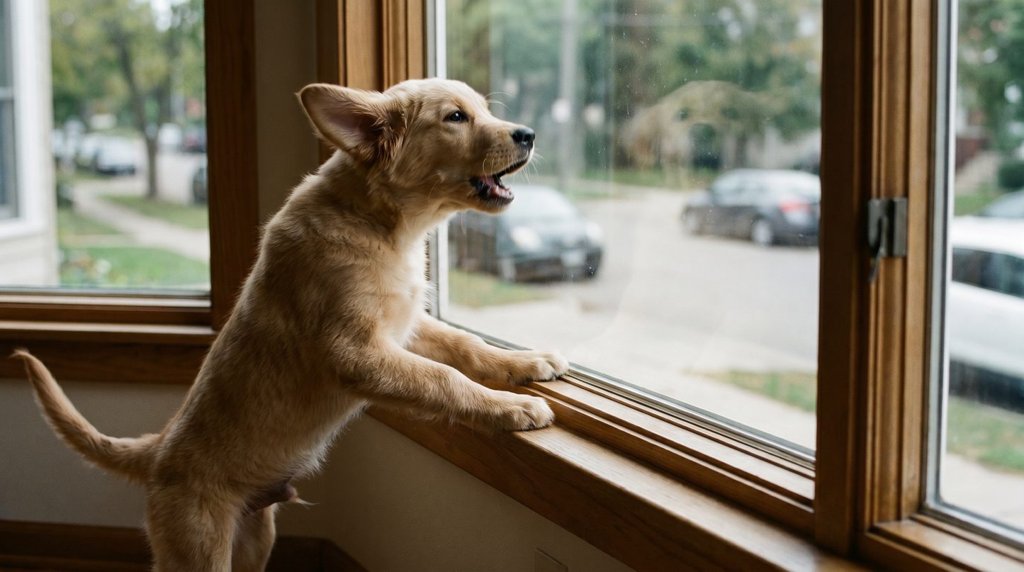 Puppy alert barking at a window in a Sydney home