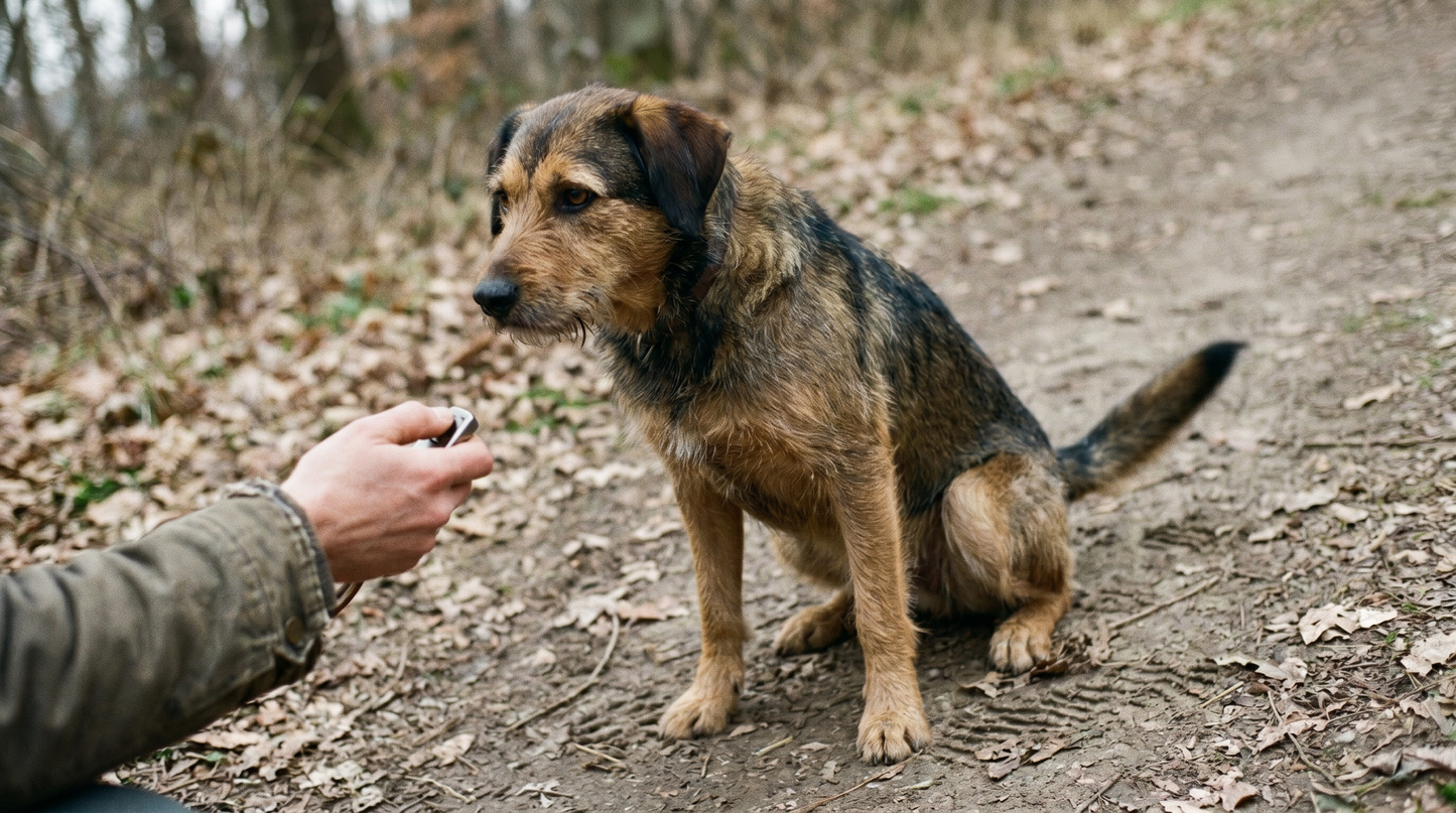 Dog performing an attentive sit using positive reinforcement training