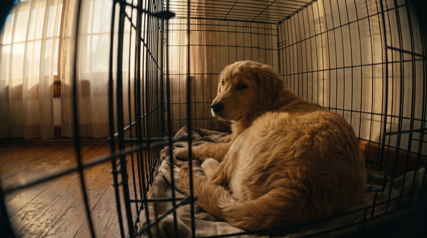 Golden Retriever puppy stepping calmly into a crate for the first time, Sydney home interior