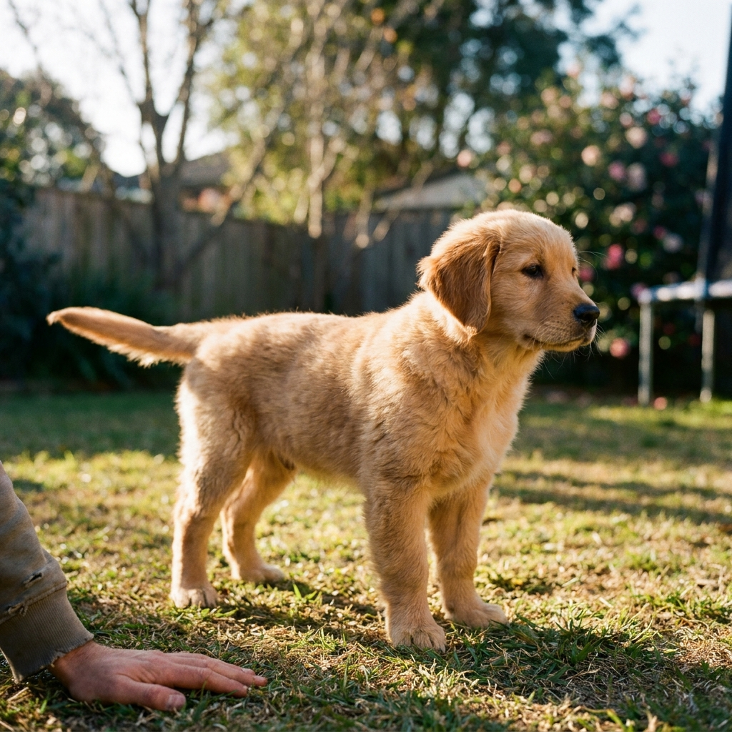 Golden Retriever puppy sitting calmly in a Sydney garden after successful toilet training