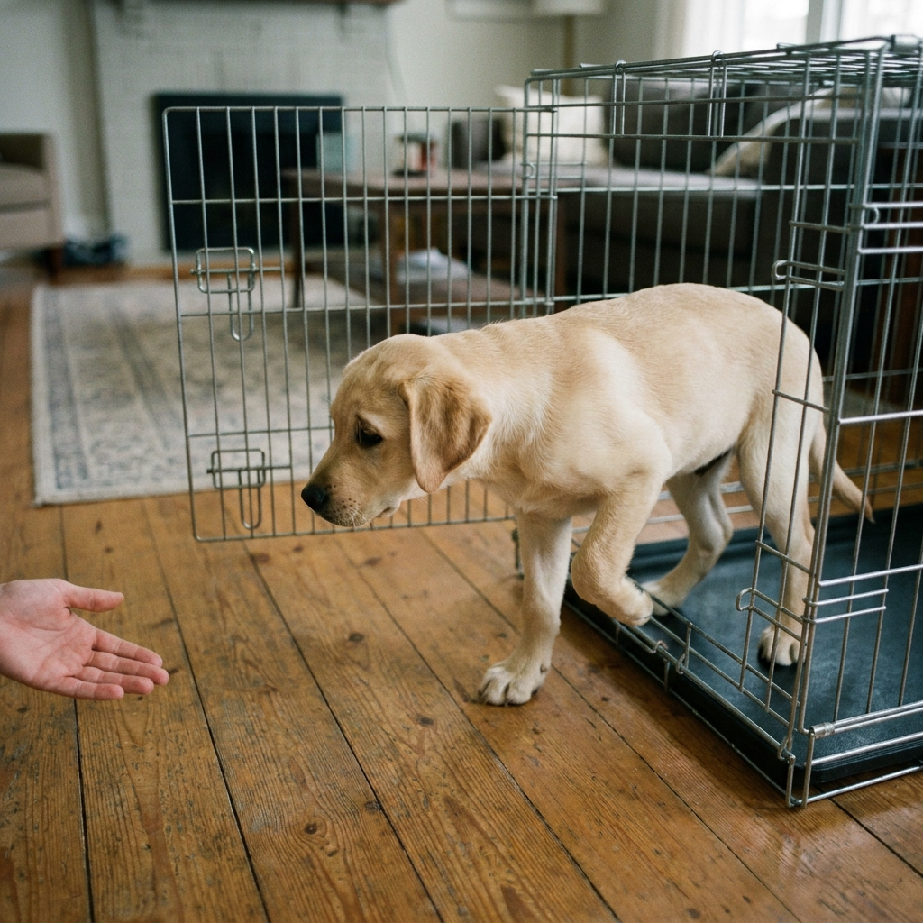 Labrador Retriever puppy settling calmly inside an open wire crate with warm light