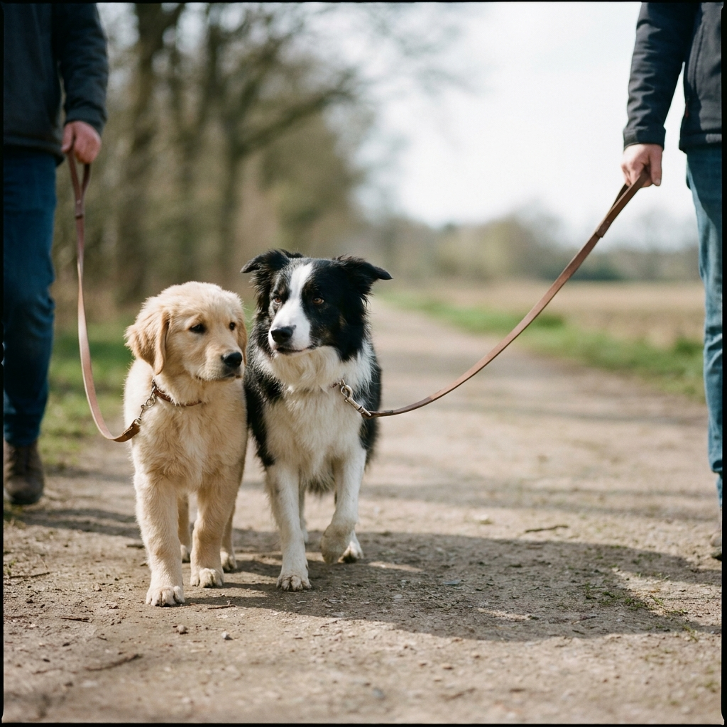 Golden retriever puppy and border collie walking parallel on loose leashes in a Sydney park