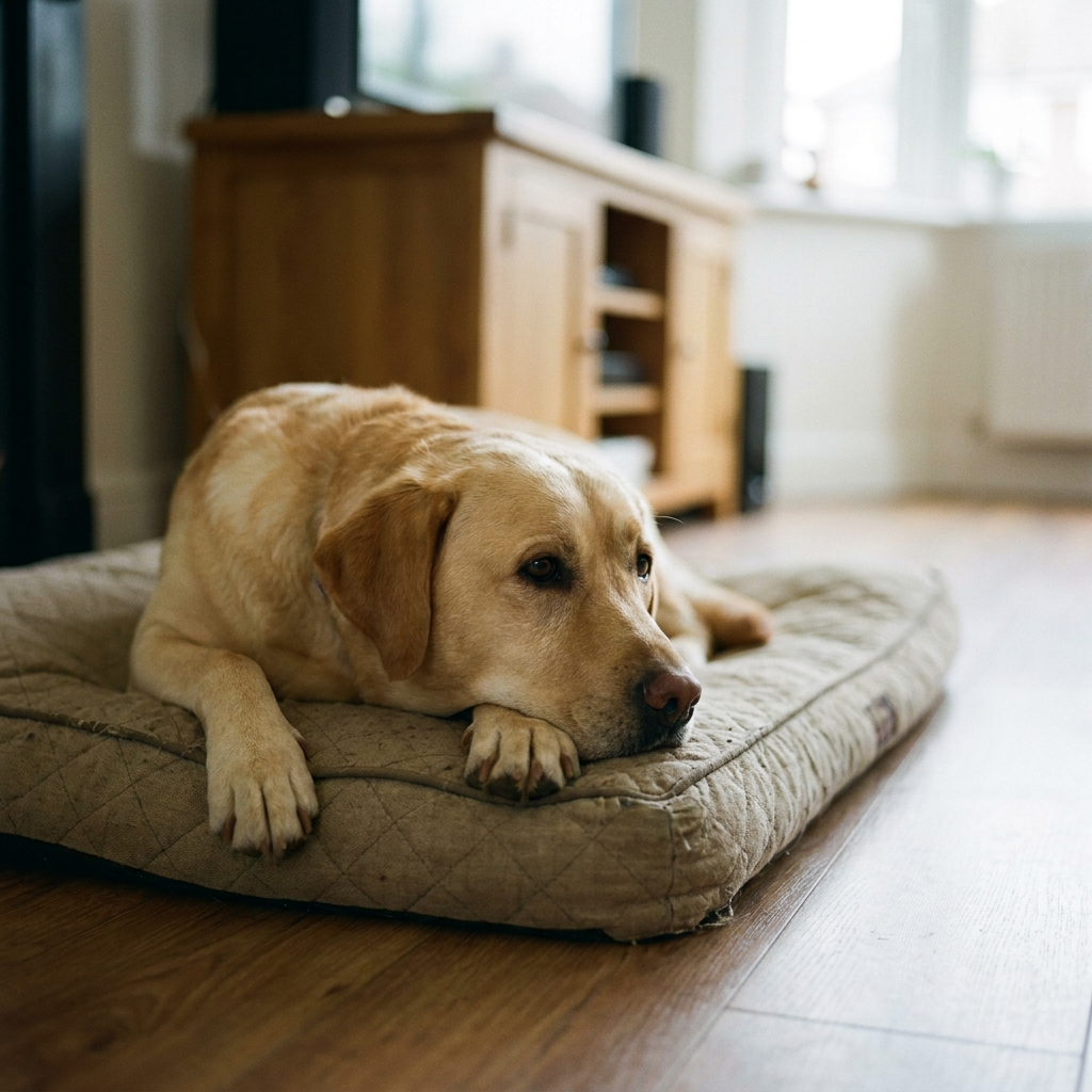 Labrador resting peacefully on a dog bed in a bright Sydney apartment