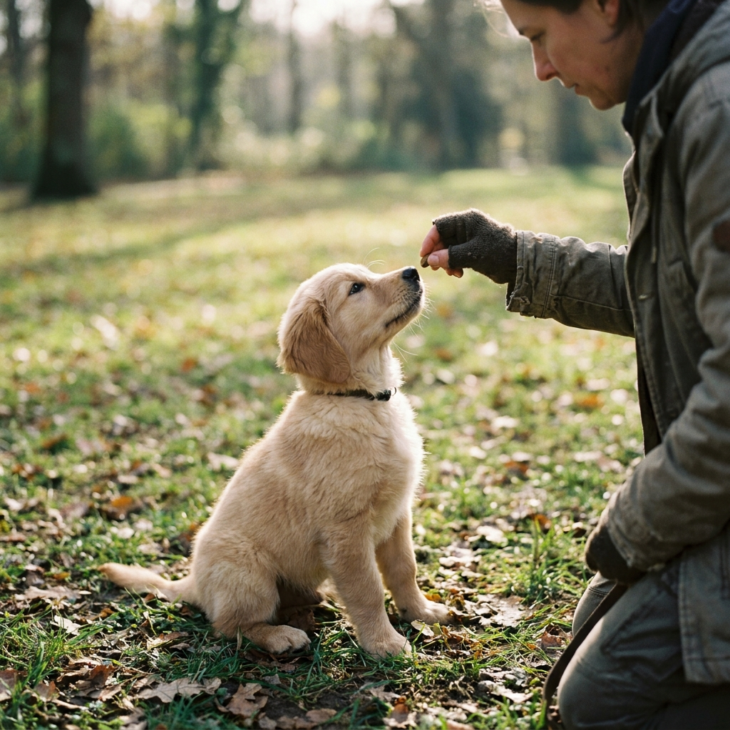 Young puppy sitting attentively in a puppy school class with trainer