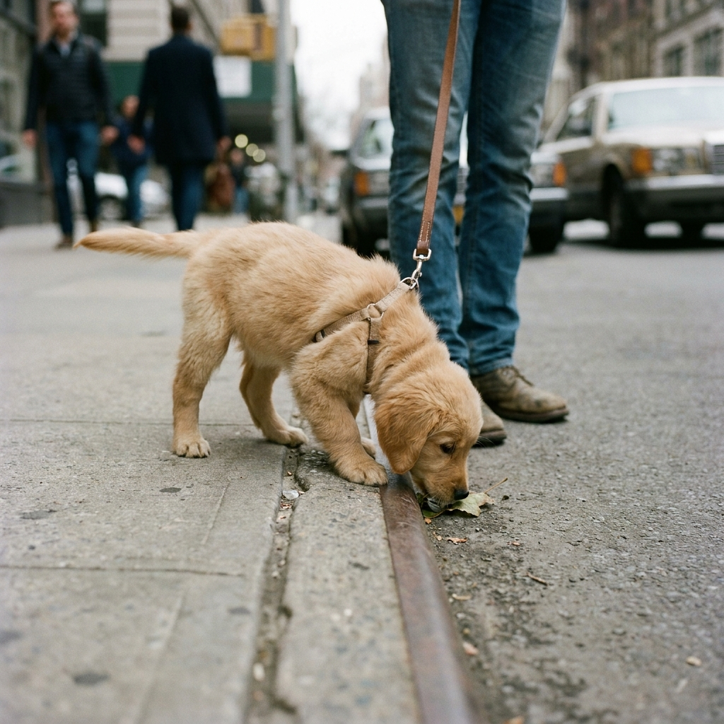Puppy confidently exploring a Sydney street with owner on a loose lead
