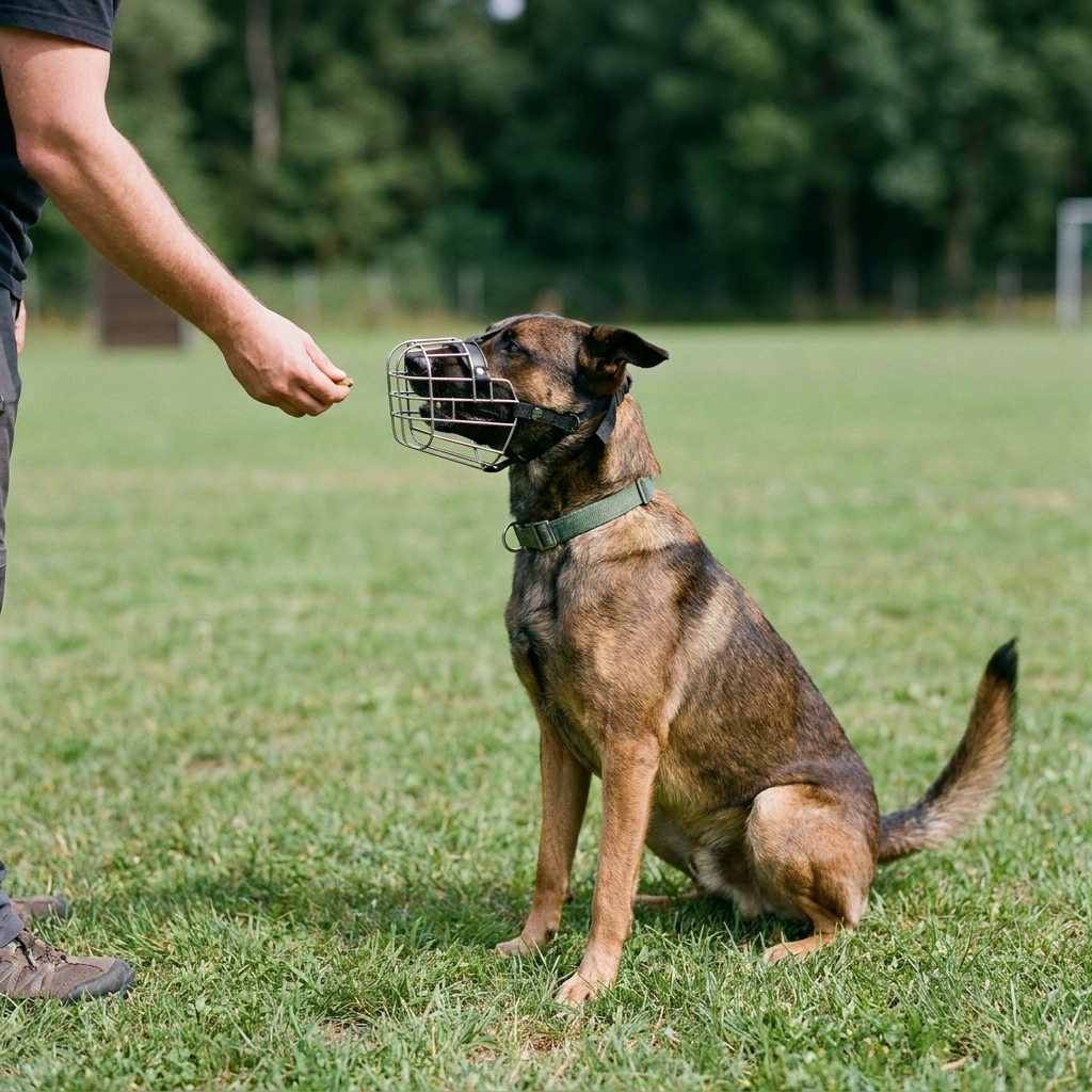 Dog wearing a basket muzzle receiving a treat from owner's hand in Sydney