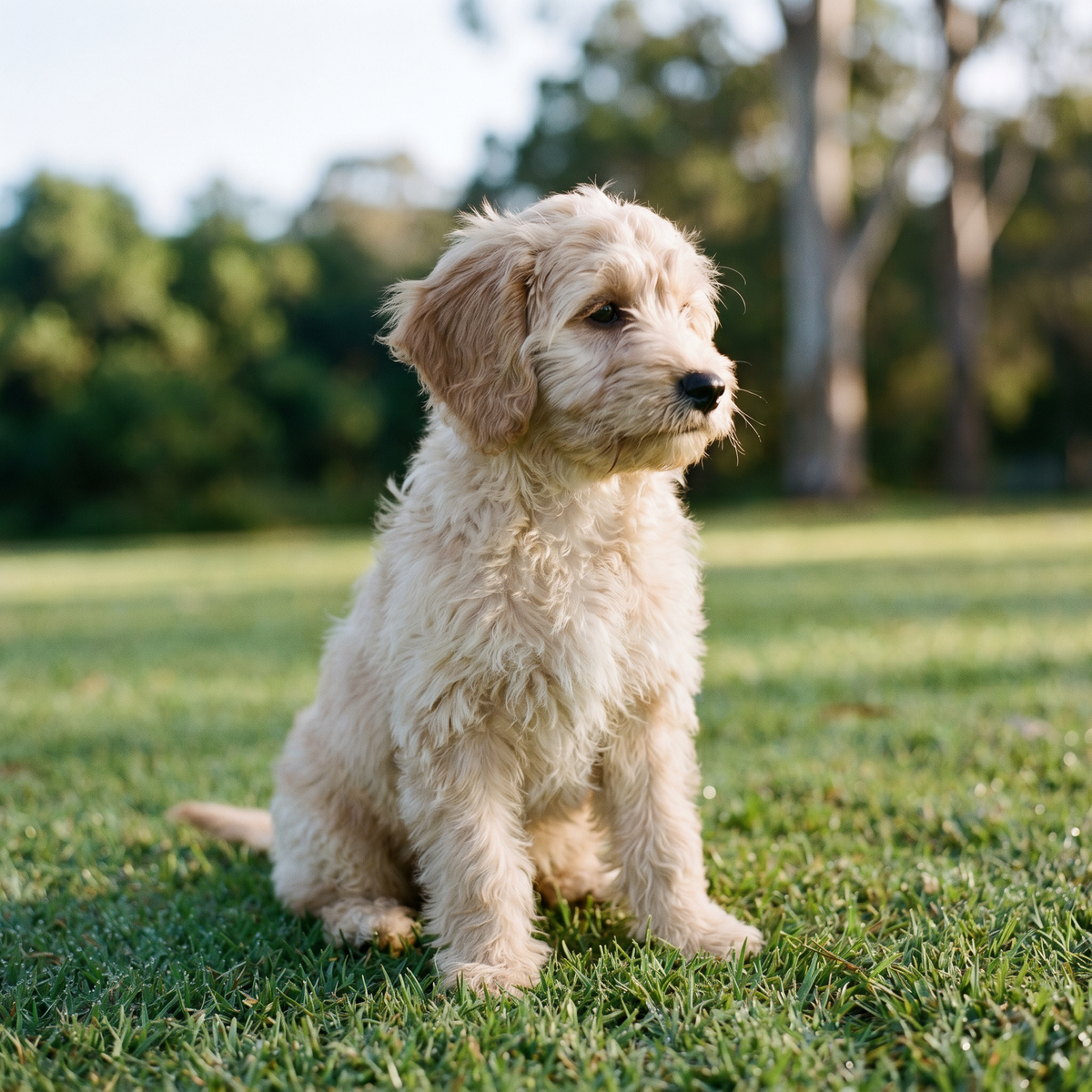 Calm Cavoodle puppy outdoors, ready for puppy school socialisation - The Toe Beans Co