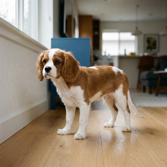 Calm Cavalier King Charles Spaniel puppy at home - first-time puppy owner guide - The Toe Beans Co