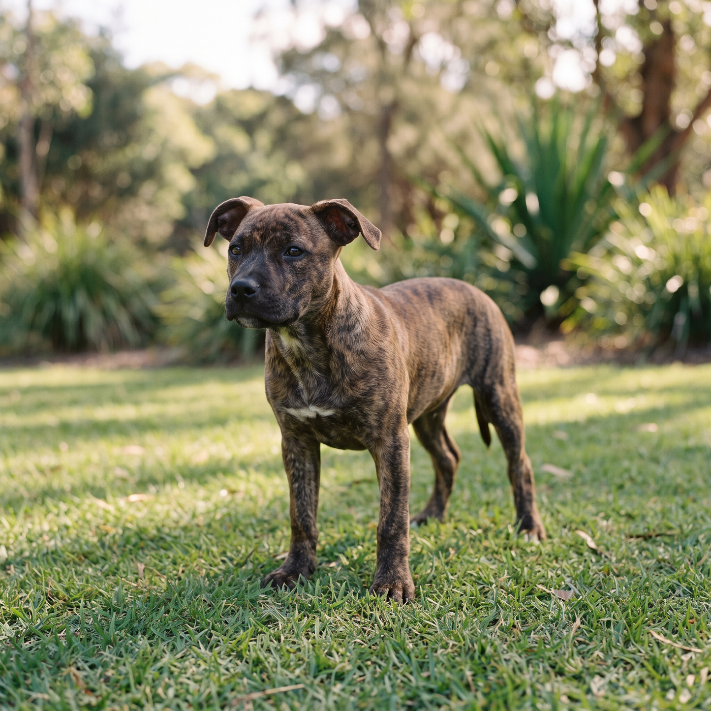Calm Staffy-cross puppy outdoors, puppy school vs private training - The Toe Beans Co