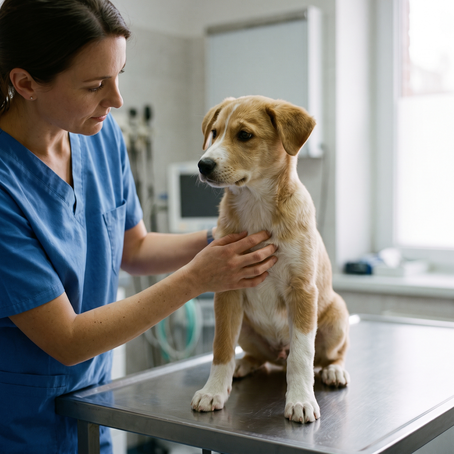 Puppy calmly sitting on an exam table during a positive vet visit