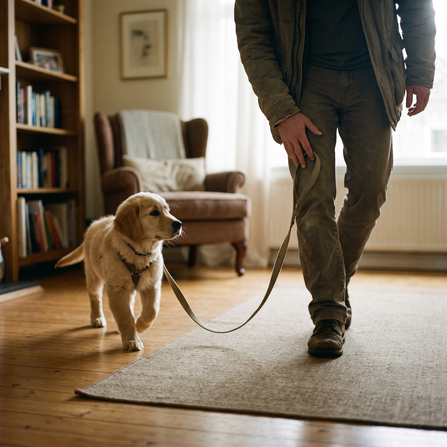Puppy owner practising loose lead walking indoors with thigh-pat cue