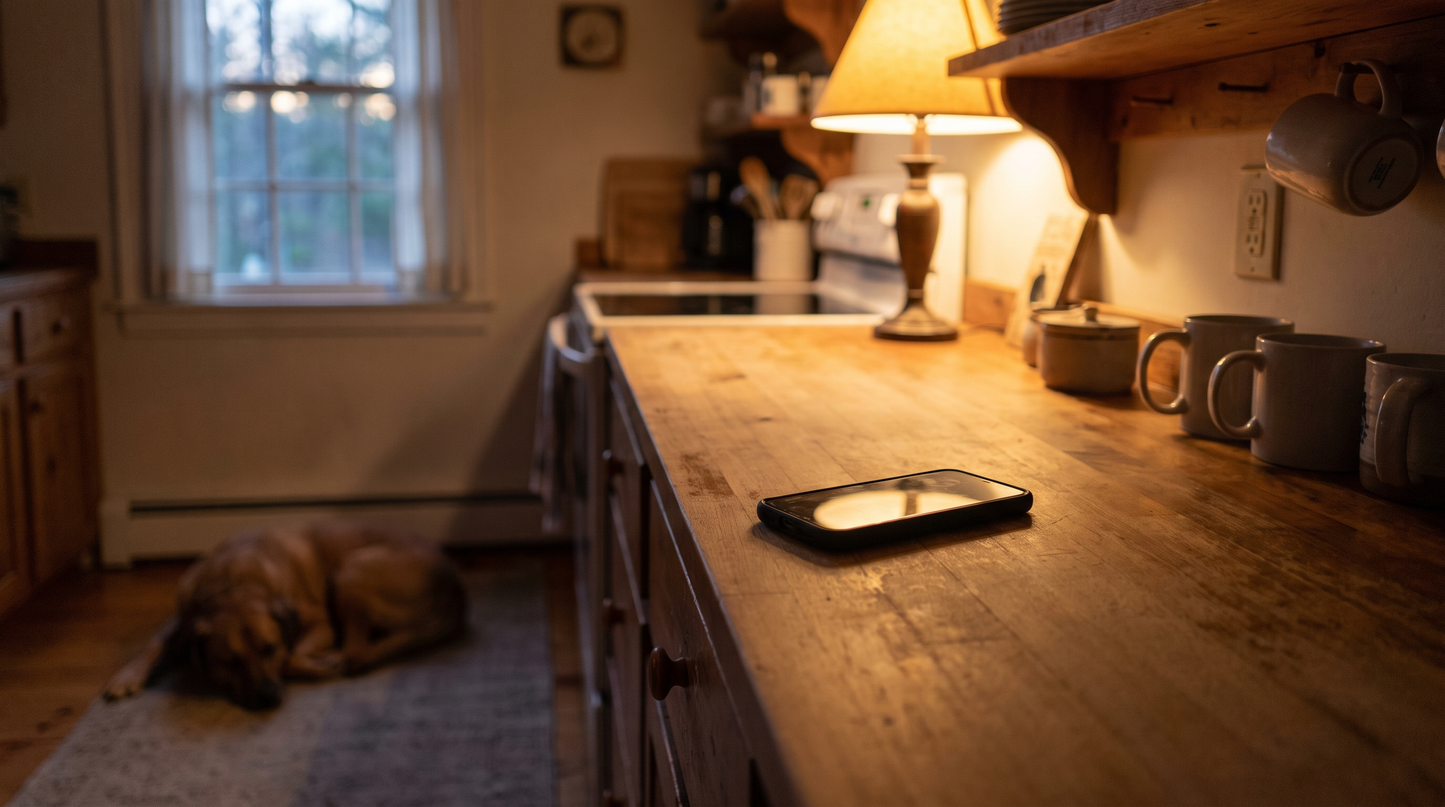 A phone resting on a kitchen bench in warm evening light, with a relaxed dog settled out of focus in the background