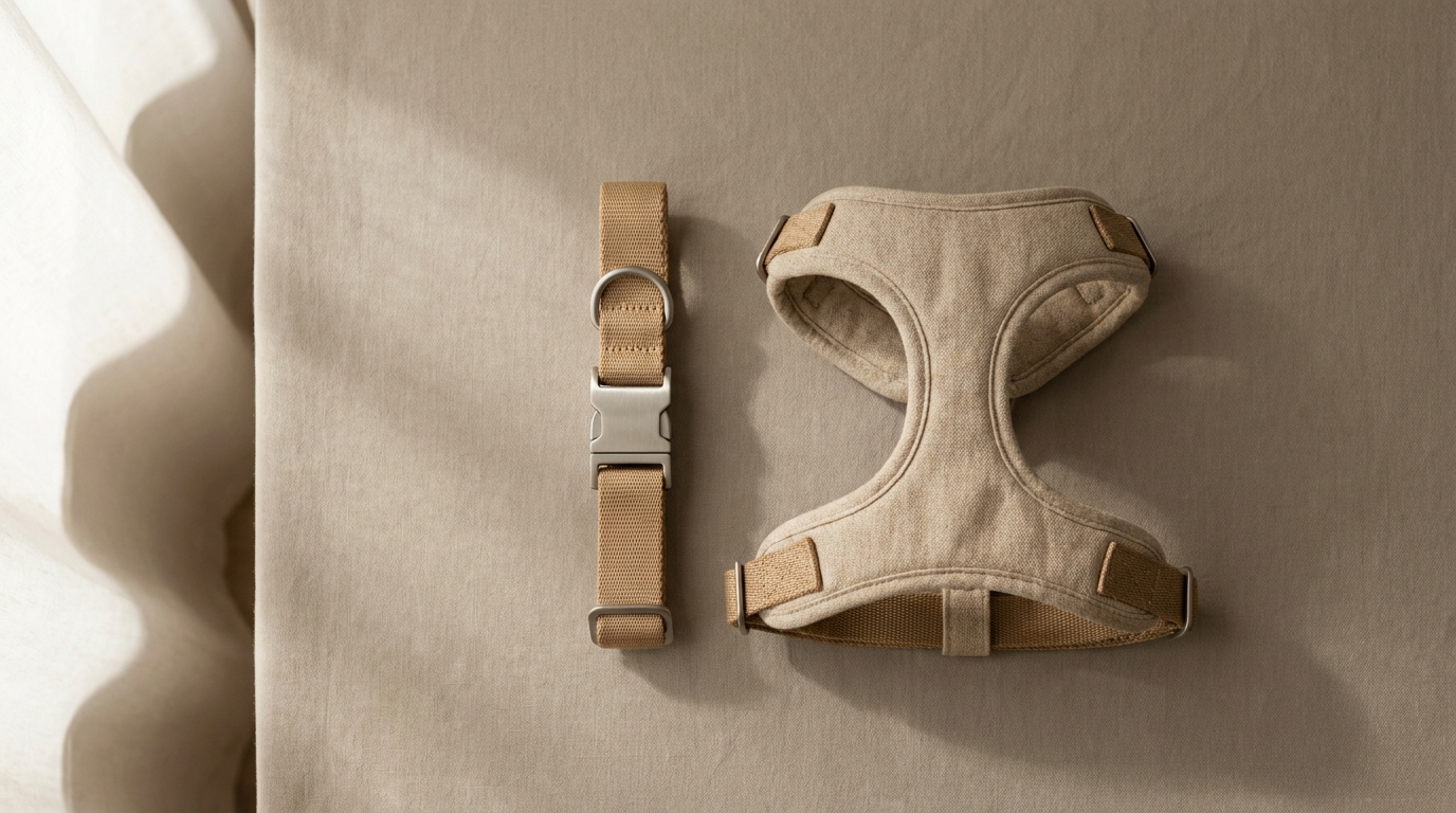 A plain flat-buckle dog collar and a soft padded harness laid on a neutral surface, the everyday force-free alternatives to prong collars, e-collars and choke chains.
