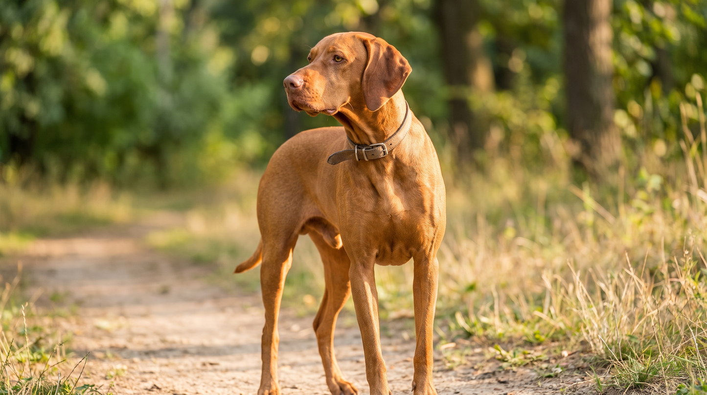 Adult Vizsla with a rust-gold coat standing alert outdoors in warm natural light, Sydney breed behaviour guide hero image