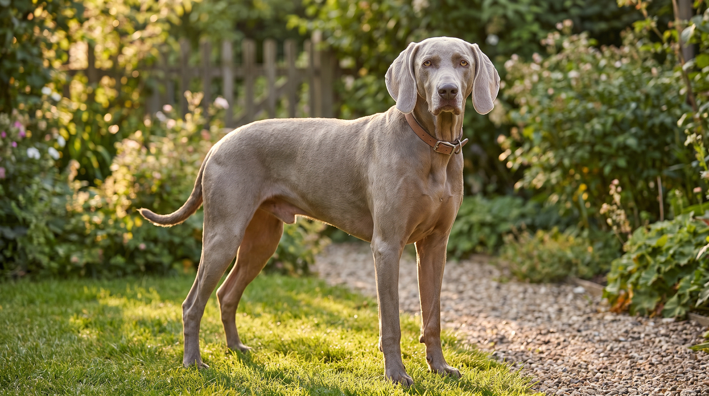 Adult Weimaraner with a silver-grey coat standing calmly in a sunlit garden, Sydney breed behaviour guide hero image