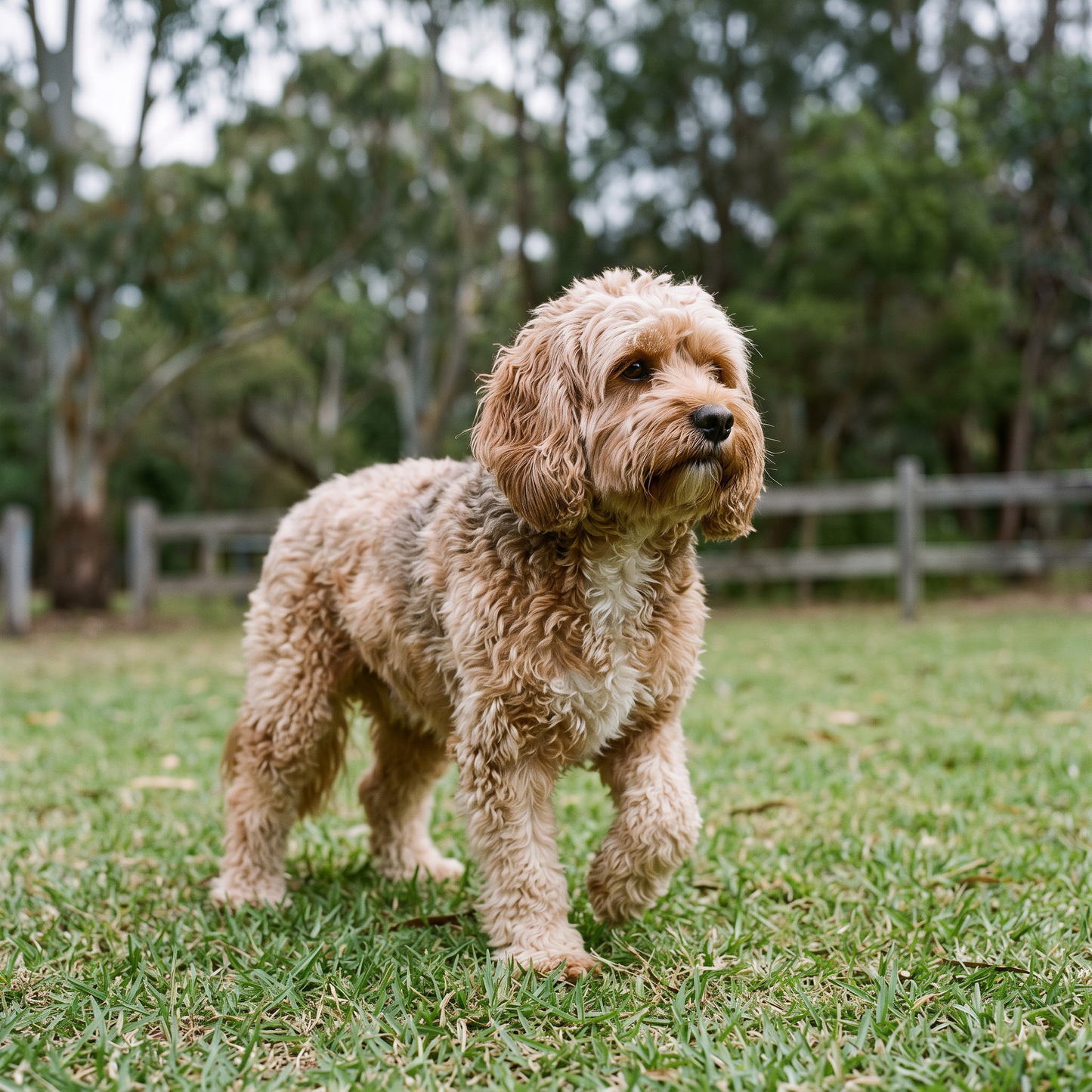 Cavoodle training in Sydney: a Cavoodle standing on grass in a suburban park