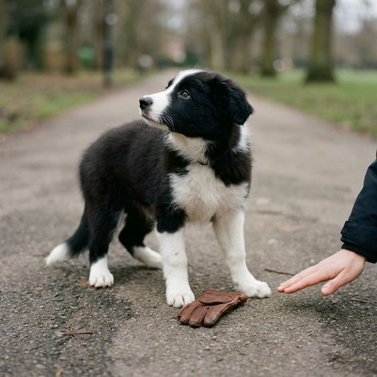 A Border Collie puppy turning away from a dropped item on a Sydney footpath and looking up at the handler