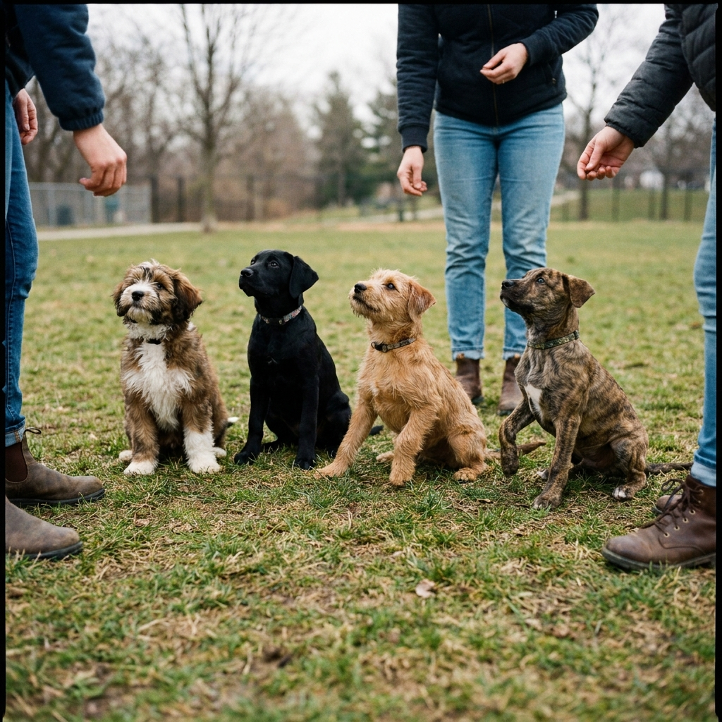Four mixed-breed puppies settling on grass in an outdoor group class, handlers visible only from the knees down