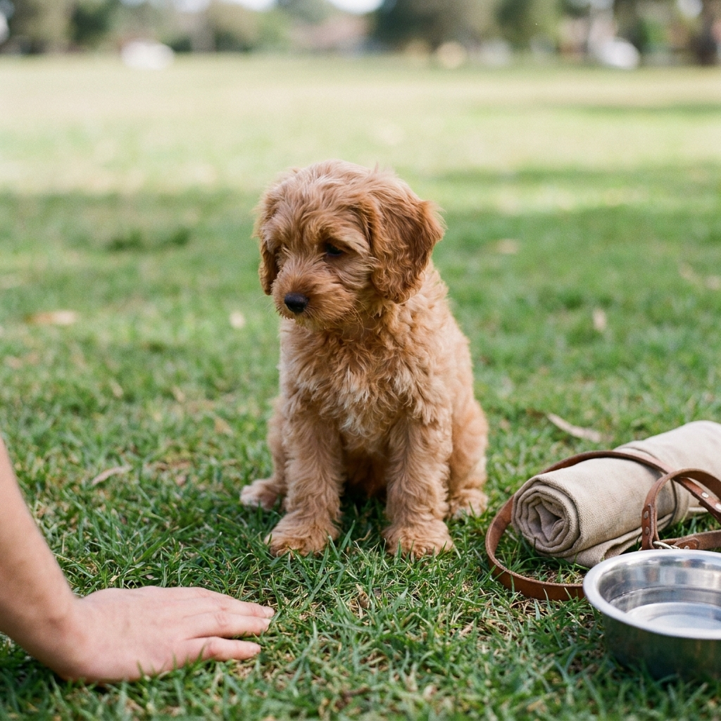 A Cavoodle puppy sitting calmly on grass beside a lead, towel and water bowl, handler's open hand at the edge of frame