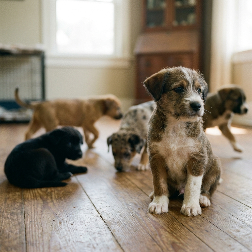 A litter of mixed-breed puppies indoors, one sitting alert in sharp focus while the others move behind