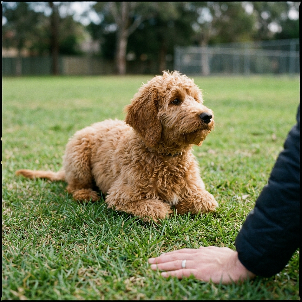 A Groodle puppy holding a settled down-stay on a back lawn with the handler's open hand at the edge of frame