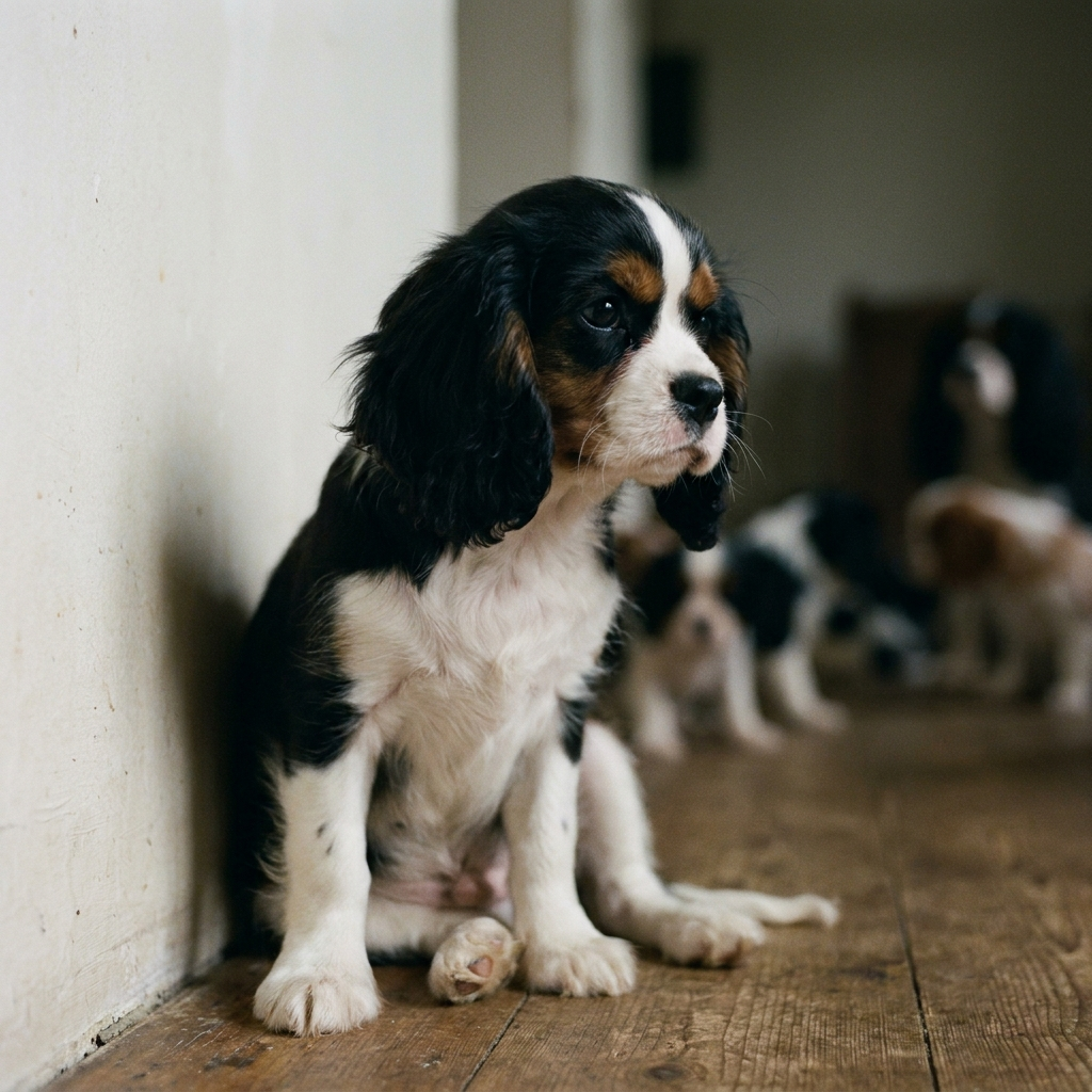 Shy Cavalier King Charles Spaniel puppy watching from the edge of the room at a puppy school for shy dogs class in Sydney