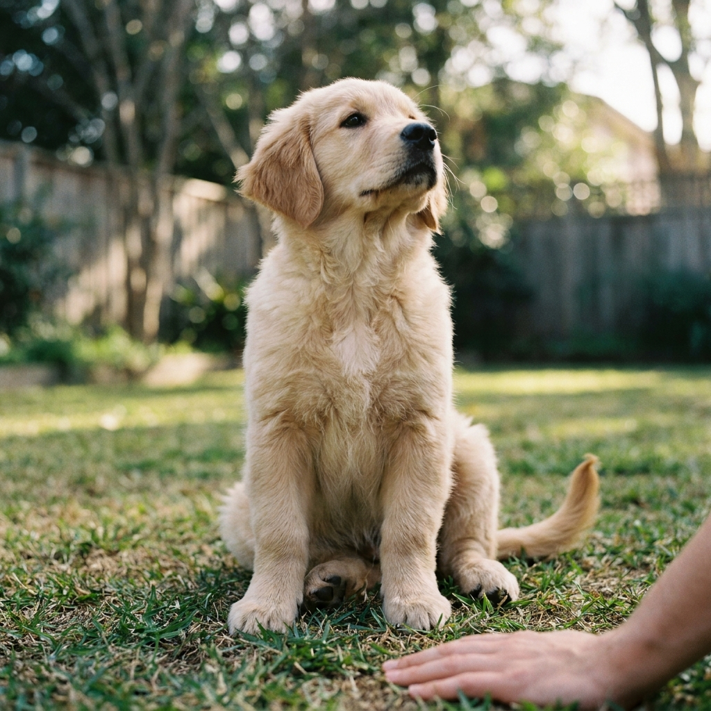 Golden Retriever puppy following a food lure into a sit, the moment the position clicks