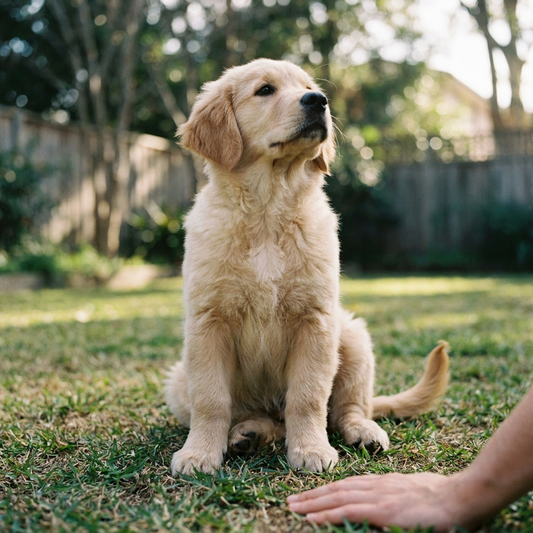 Golden Retriever puppy following a food lure into a sit, the moment the position clicks