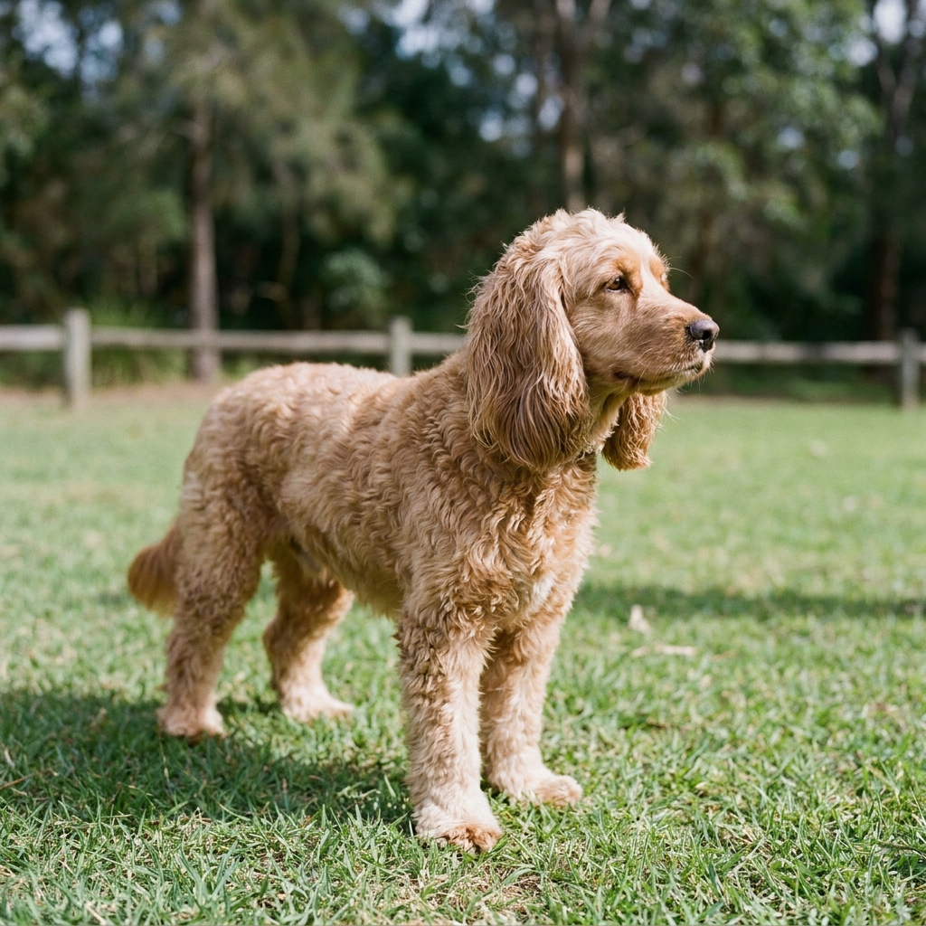 Spoodle standing on grass in a Sydney park, apricot wavy coat and long feathered ears
