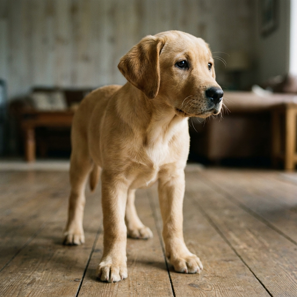 Labrador puppy settled calmly alone on the floor at home during the working day