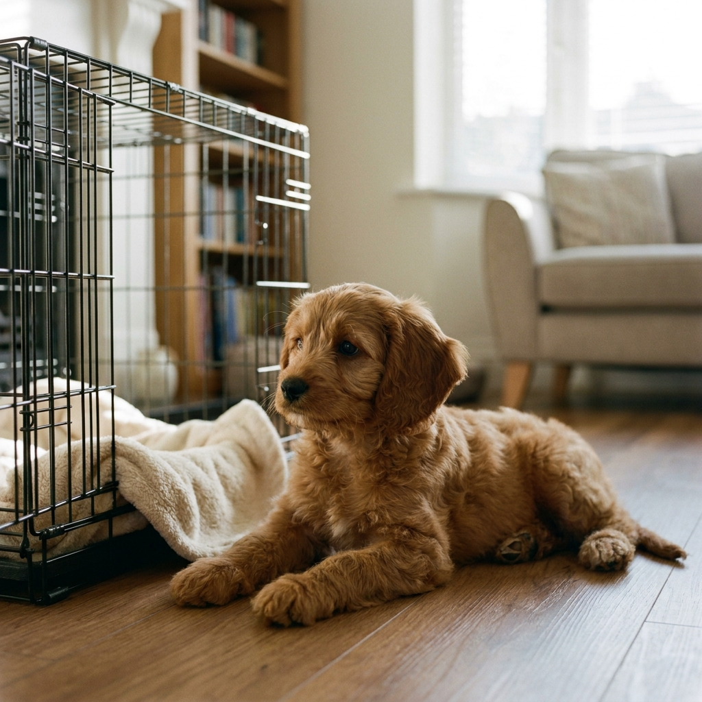 Cavoodle puppy settled beside their crate in a Sydney home, private puppy training Sydney, The Toe Beans Co