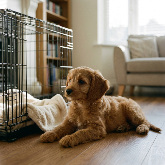 Cavoodle puppy settled beside their crate in a Sydney home, private puppy training Sydney, The Toe Beans Co