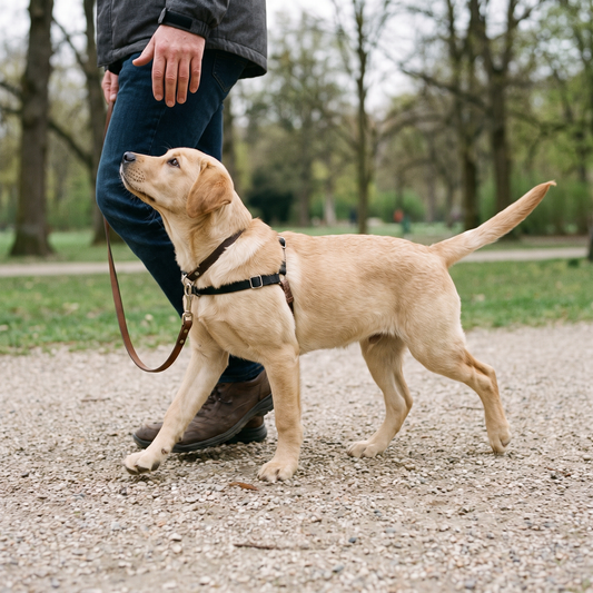 Labrador puppy walking in heel position beside their handler on a slack lead in a Sydney park