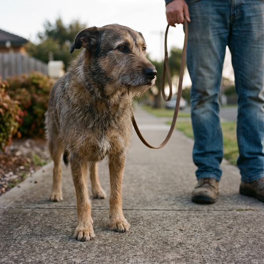 Owner anxiety and dog reactivity: a calm dog beside a handler holding a visibly slack lead on a Sydney footpath