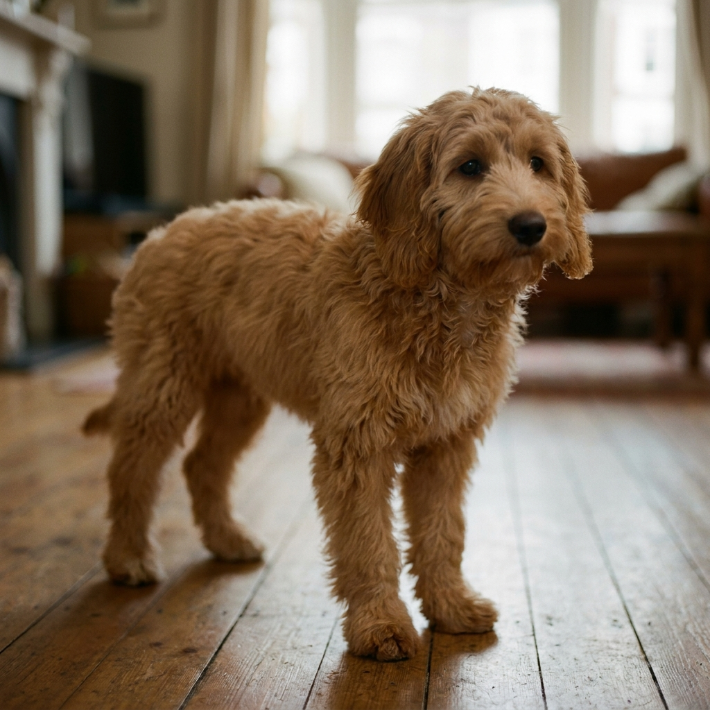 Calm settled puppy in a Sydney apartment living room, for owners thinking about rehoming a puppy