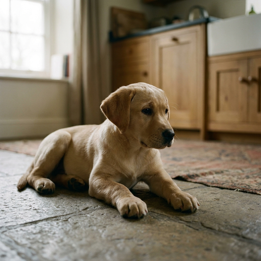 Labrador puppy settled calmly on a family kitchen floor, household consistency puppy training