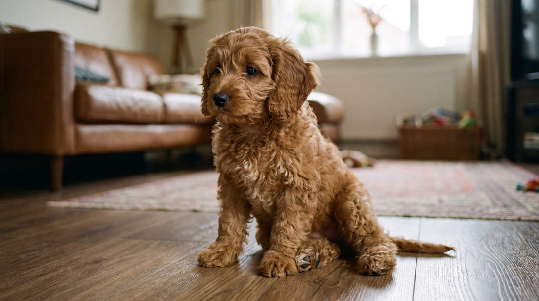 Puppy settled calmly in a Sydney apartment living room - raising a puppy in an apartment - The Toe Beans Co
