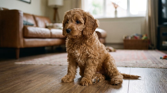 Puppy settled calmly in a Sydney apartment living room - raising a puppy in an apartment - The Toe Beans Co