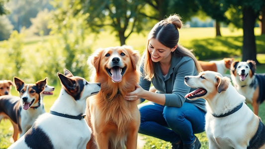 Dog trainer bonding with playful dogs in a park