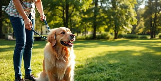 Happy dog with trainer in a park.