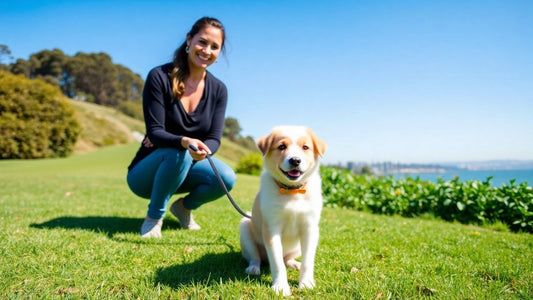 Puppy training in Tamarama park with owner and leash